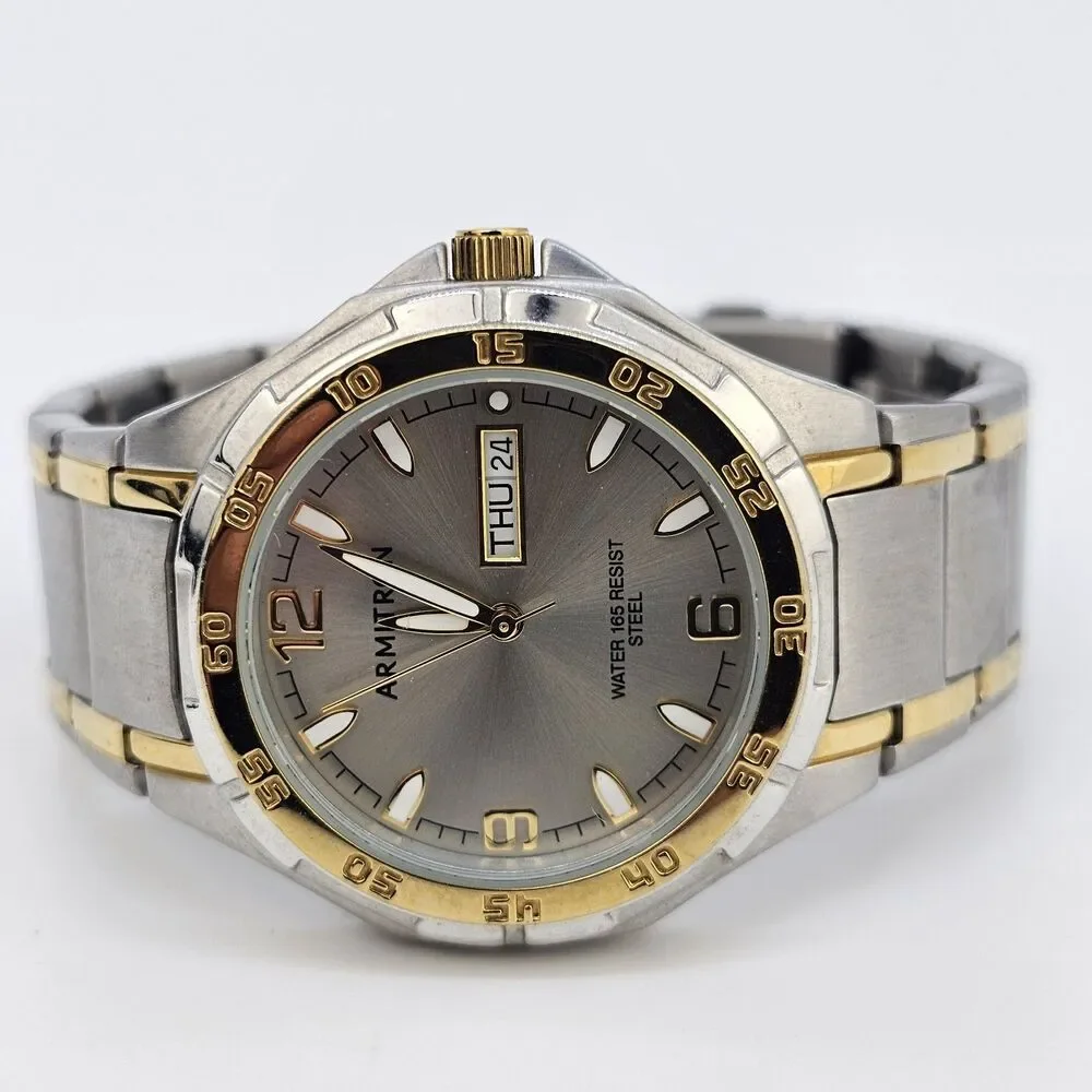 VTG Armitron Men's Watch 37MM Silver Dial Day/Date Two Tone Band 6